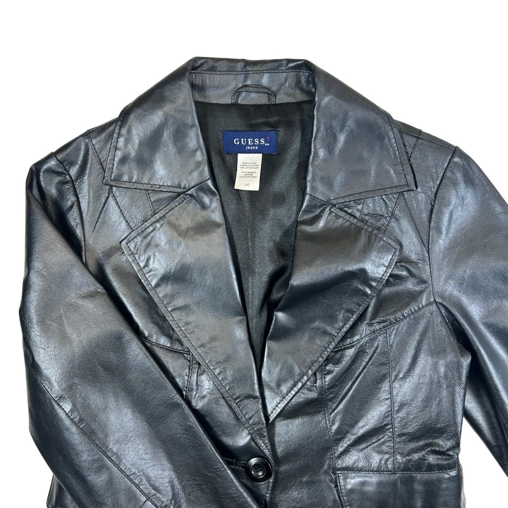 Vintage Guess Jeans Womens Black Genuine Leather Blazer Jacket Q543F808 Size LG